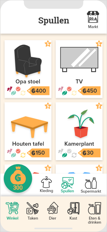 Spullen scherm, hier staan allemaal spullen die je kan kopen. Een zwarte opastoel, een moderne TV, een lage houten tafel en een groene kamerplant met een rode stenen pot