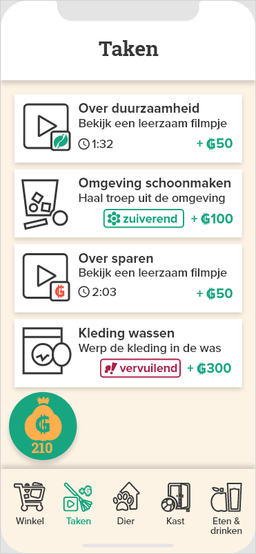 Taken scherm, hier kun je zien welke taken er beschikbaar zijn. Onder andere de kleding wassen minigame en het kijken van leerzame filmpjes over duurzaamheid en milieu vervuiling.