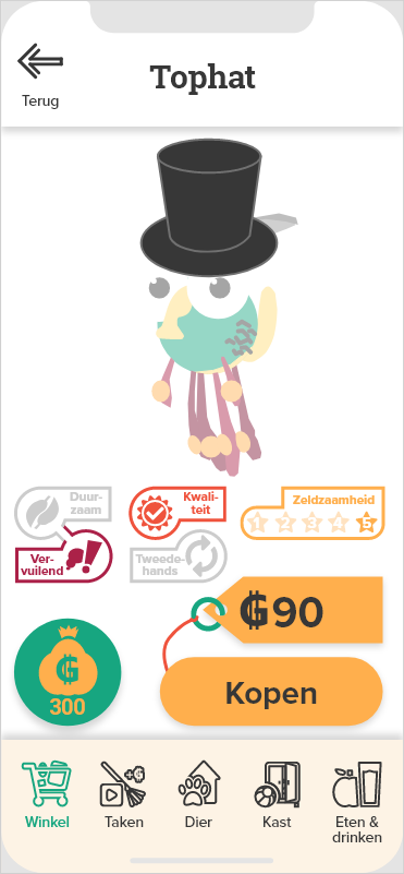 Fabeldier status scherm, hier heeft het dier een tophat (hoge hoed) op gedaan. Je kan je dier allemaal soorten kleding laten aantrekken.