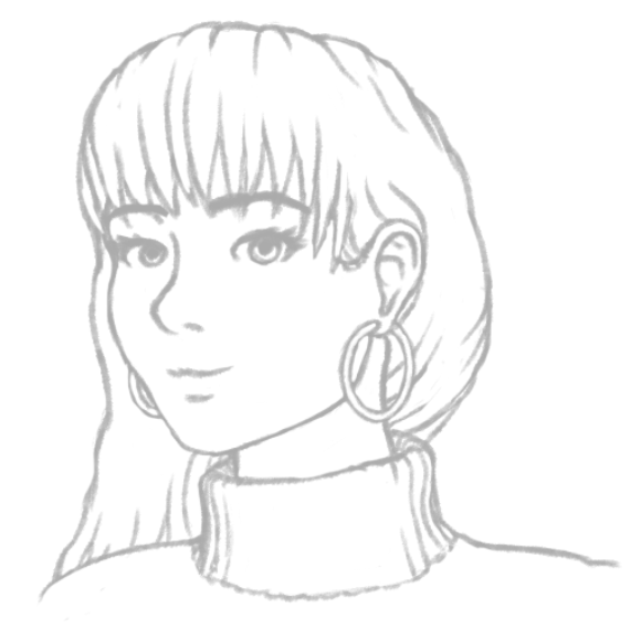 Young woman with bangs, earrings and a turtleneck