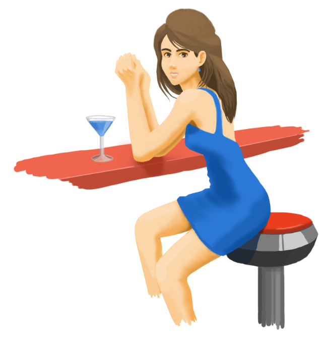 Woman with blue dress sitting at a bar