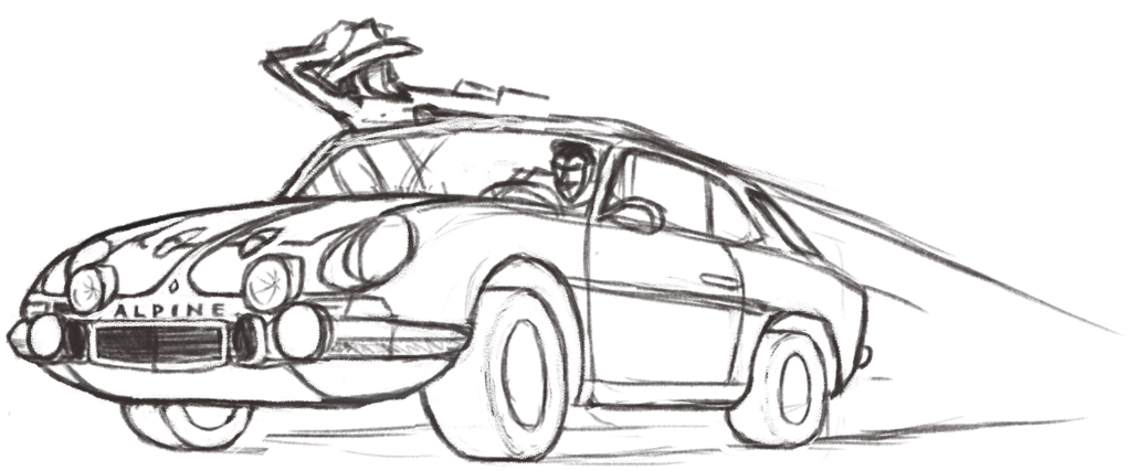 Lupin III riding in a Alpine 220 while being chased