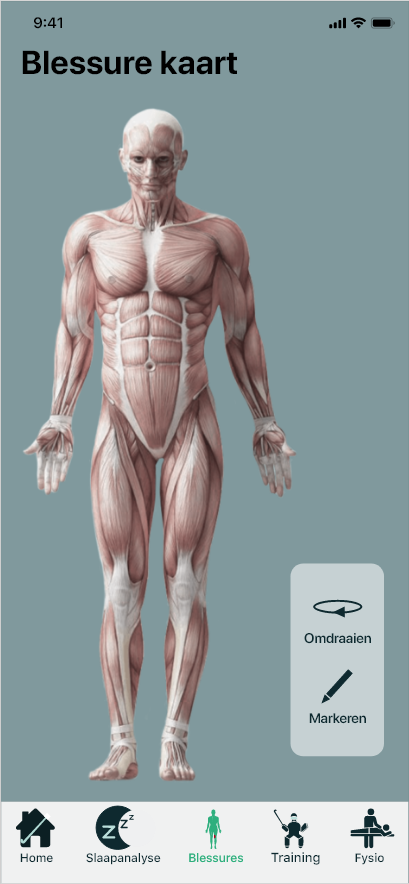 map with the front of a human showing muscles, the player can indicate an injury by tapping the screen